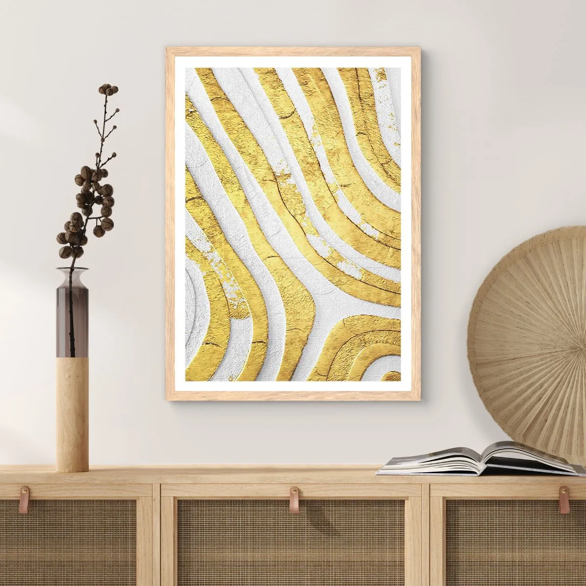 Poster in light oak frame - Composition in White and Gold - 70x100 cm
