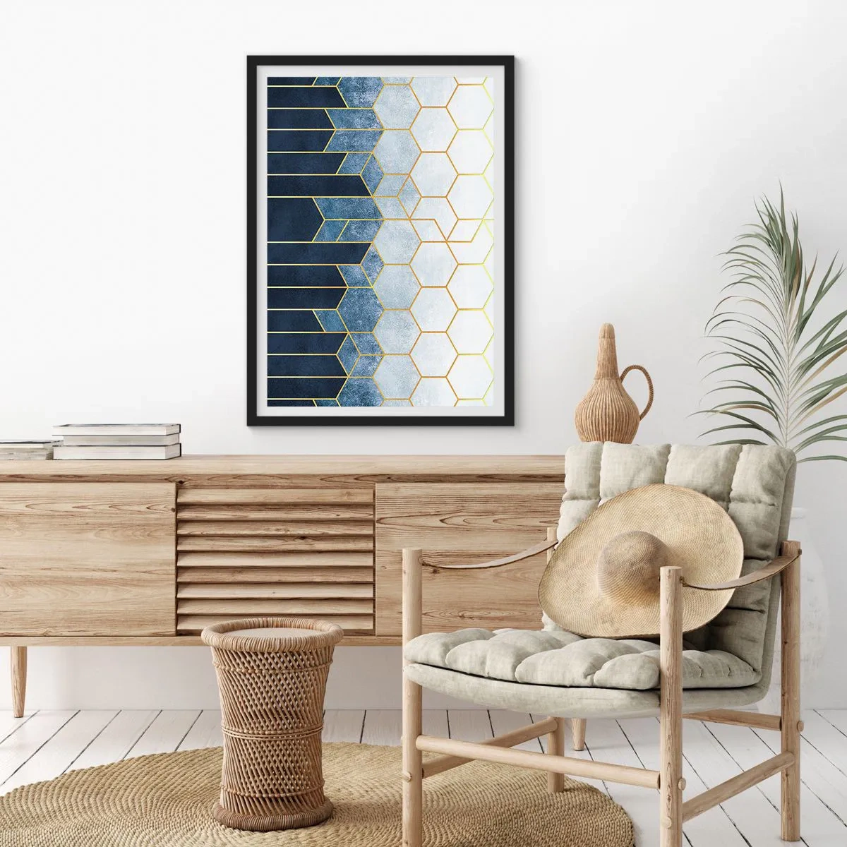 Poster in black frame - Geometric composition in shades of navy blue and gold with hexagons - 50x70cm - Composition in Syncopated Rhythm - Modern wall decoration for the living room and bedroom ARTTOR