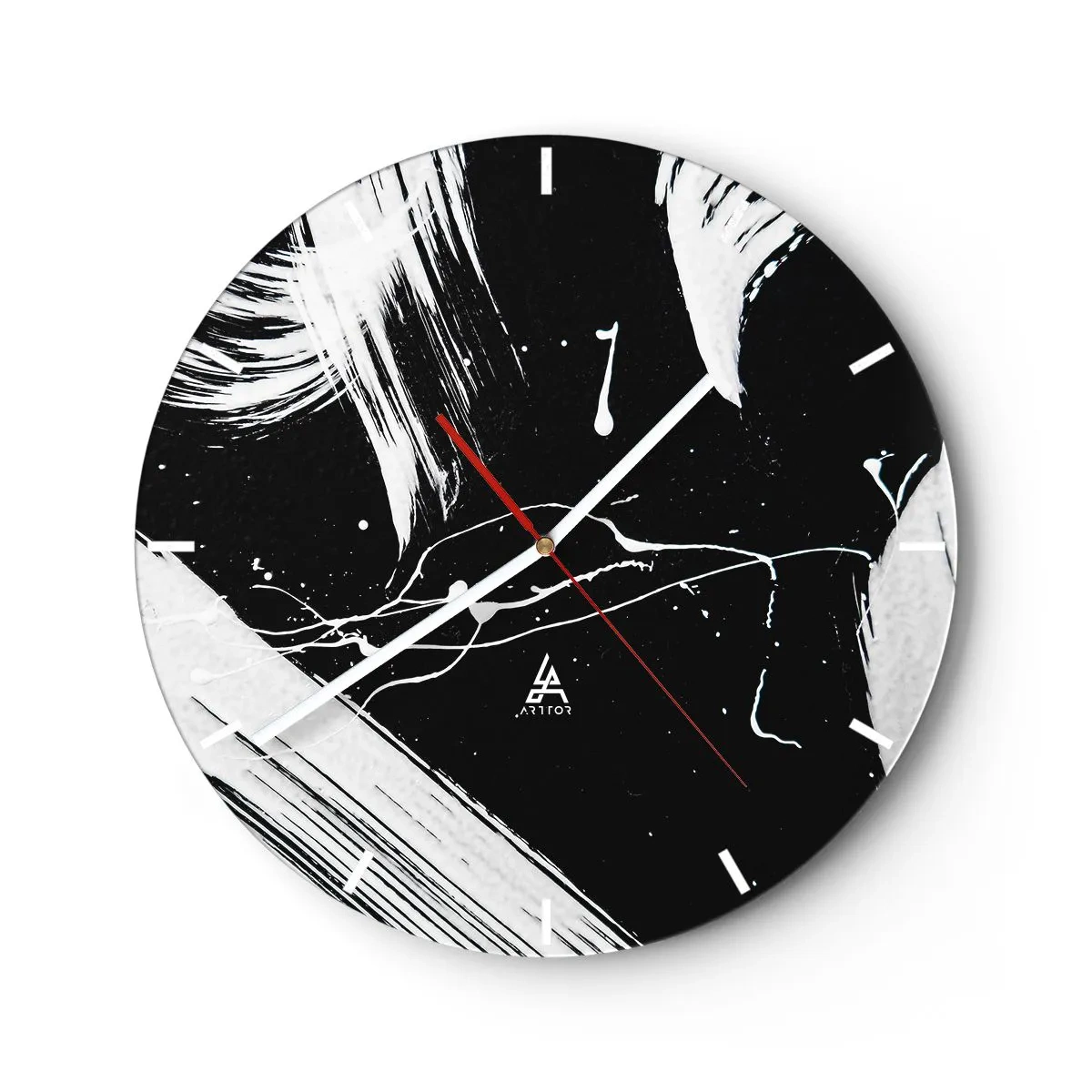 Wall clock - Clock on glass - Black and white abstraction with dynamic paint strokes - 30x30cm - Breaking the Darkness - Modern wall decoration for the living room, kitchen, and bedroom ARTTOR