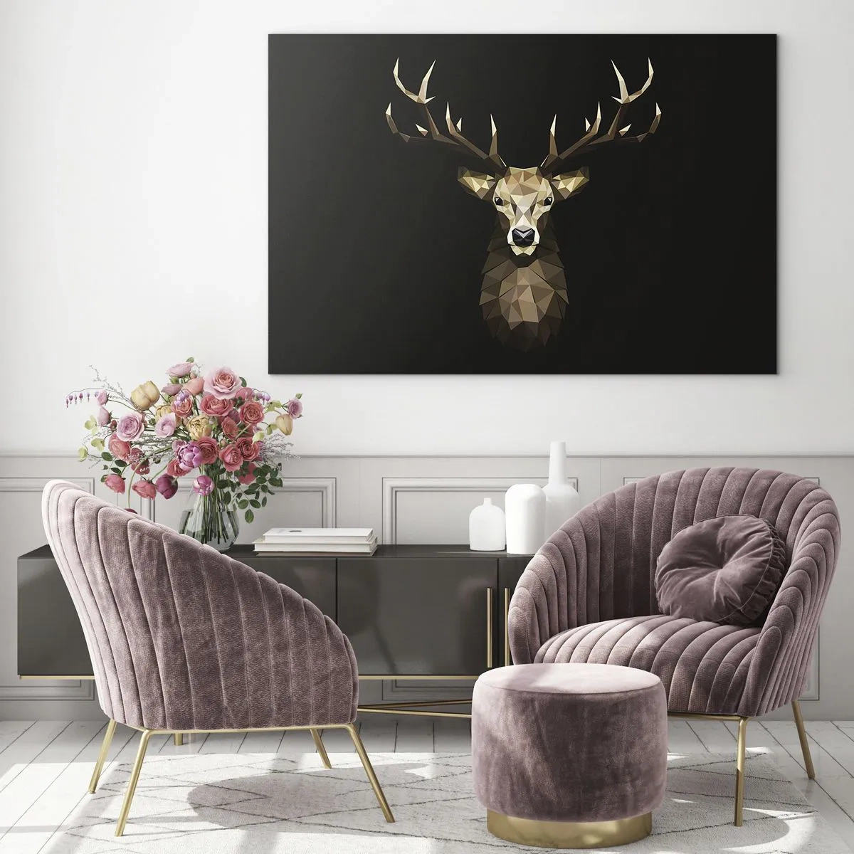 Glass picture - Geometric deer on a black background - 70x50cm - Cubist Deer - Modern wall decoration for the living room and bedroom ARTTOR