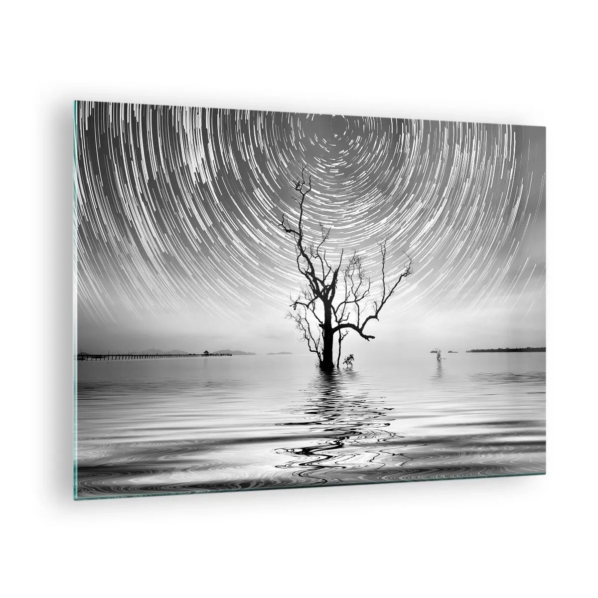 Glass picture - Black and white landscape with a tree and streaks of stars - 70x50cm - Symphony of Nature - Modern wall decoration for the living room and bedroom ARTTOR