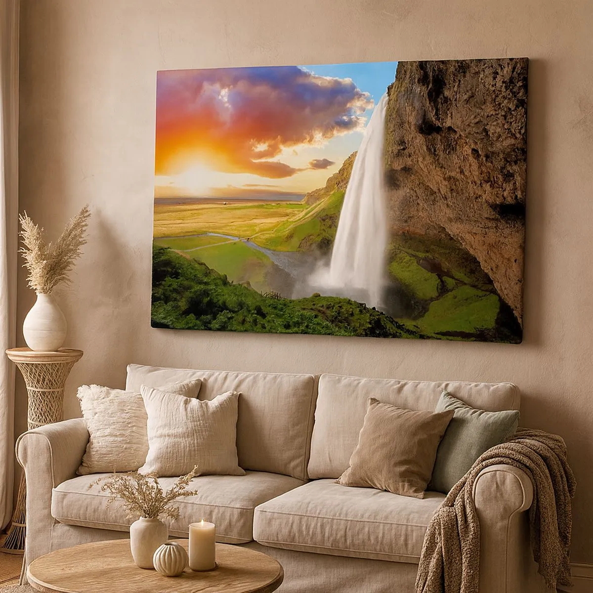 Canvas picture - waterfall in a picturesque landscape at sunset - 70x50cm - Midsummer in Iceland - Modern wall decoration for the living room and bedroom ARTTOR