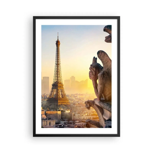 Poster in black frame - A view of the Eiffel Tower at sunrise with a perspective of the stone gargoyles - 50x70cm - Much Has Changed… - Modern wall decoration for the living room and bedroom ARTTOR