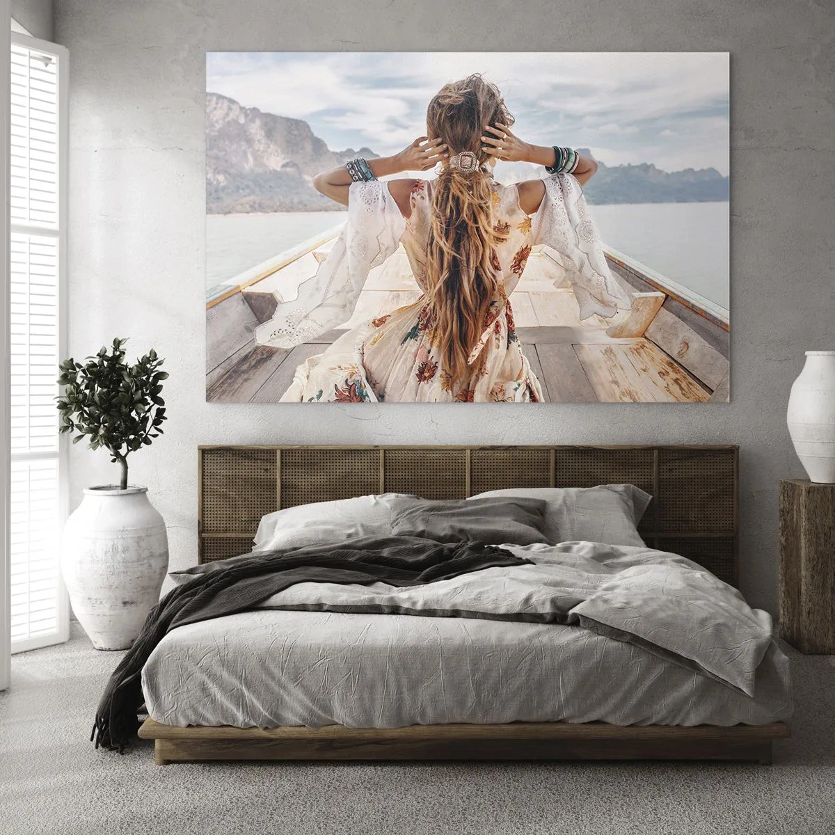 Glass picture - A woman on a boat looking out towards the mountains and lake. - 70x50cm - On the Way to Happiness - Modern wall decoration for the living room and bedroom ARTTOR