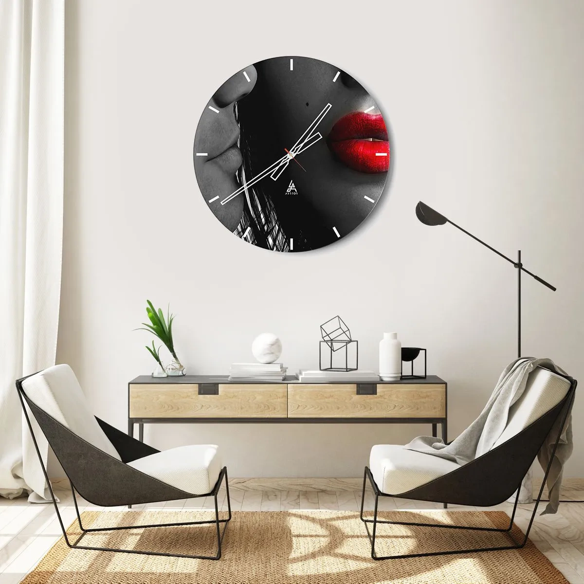 Wall clock - Clock on glass - Black and white close-up of a face with red lips - 30x30cm - Face by Face - Modern wall decoration for the living room, kitchen, and bedroom ARTTOR