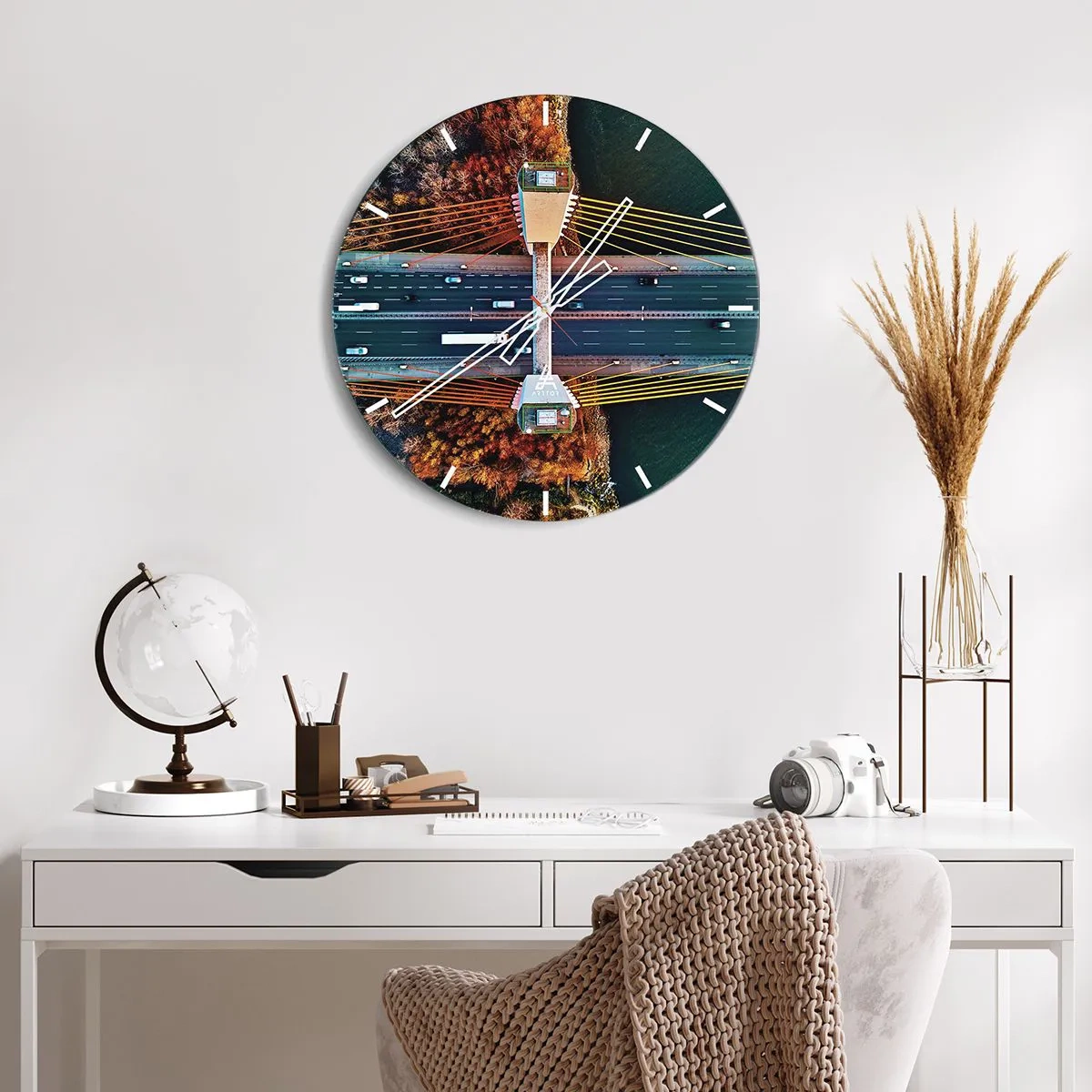 Wall clock - Clock on glass - Aerial view of a rope bridge over a river in autumn scenery - 30x30cm - Behind Seas and Oceans - Modern wall decoration for the living room, kitchen, and bedroom ARTTOR