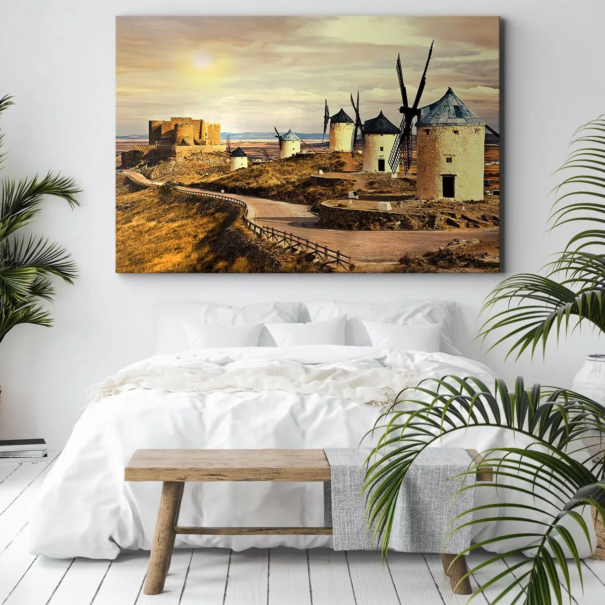 Canvas picture - Windmills on the hills with a historic castle in the background - 70x50cm - Don Quixote Is Coming - Modern wall decoration for the living room and bedroom ARTTOR