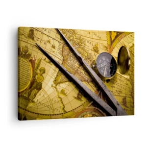 Canvas picture - An antique world map with a compass and a pair of compasses on the background - 70x50cm - With a Compass through the Seas - Modern wall decoration for the living room and bedroom ARTTOR