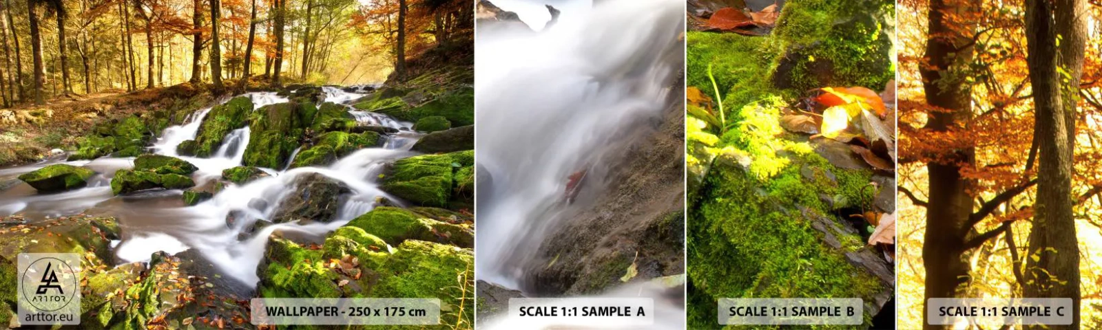 Photo Wallpaper Sample Self-Adhesive Deluxe Sticker - Gingerly through an Autumnal Forest - Landscape, Forest, Mountain stream - 100x30 cm