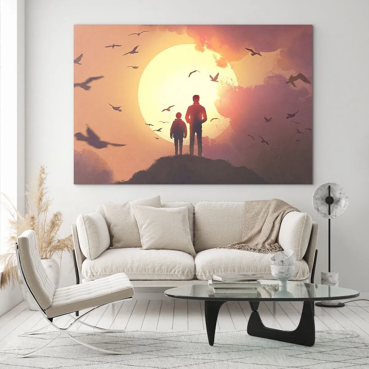 Glass picture - Figures of a father and son standing against the backdrop of the setting sun and flying birds - 70x50cm - Face to Face with the Sun - Modern wall decoration for the living room and bedroom ARTTOR