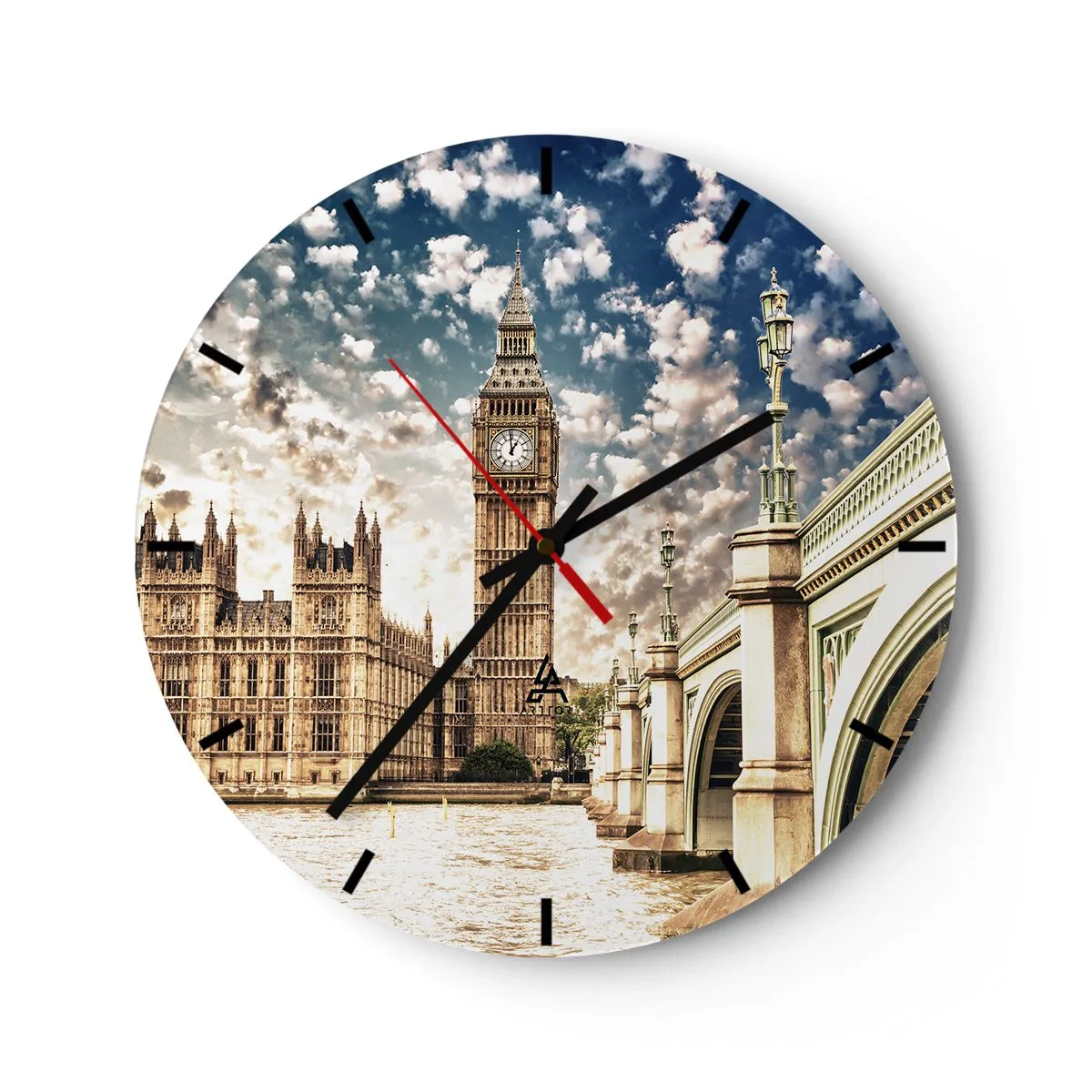 Wall clock - Clock on glass - Big Ben and the Thames Bridge in London on a sunny day - 30x30cm - Clouds over the Thames - Modern wall decoration for the living room, kitchen, and bedroom ARTTOR
