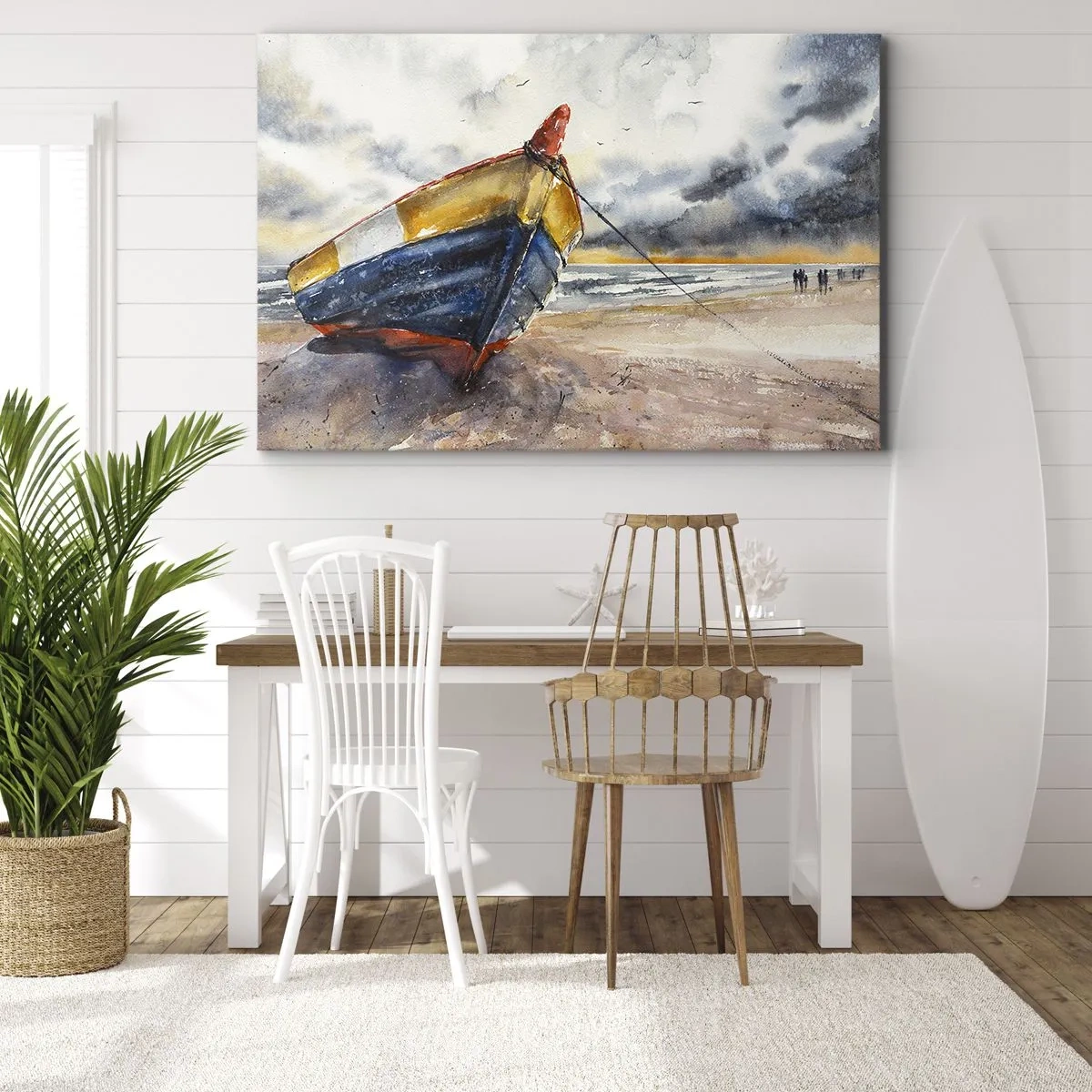 Canvas picture - A picturesque boat on the beach under a cloudy sky - 70x50cm - Rest On the Shore - Modern wall decoration for the living room and bedroom ARTTOR