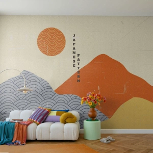 Photo Wallpaper Standard Eco - Japanese pattern with mountains and sun in a geometric style - 100x70cm - In the Japanese Spirit - Modern wall decoration for the living room and bedroom ARTTOR