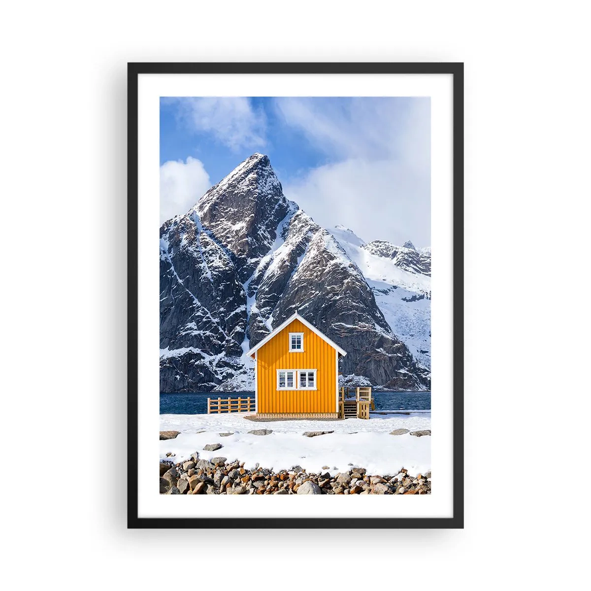 Poster in black frame - A yellow house against the backdrop of snow-capped mountains - 50x70cm - Scandinavian Holiday - Modern wall decoration for the living room and bedroom ARTTOR