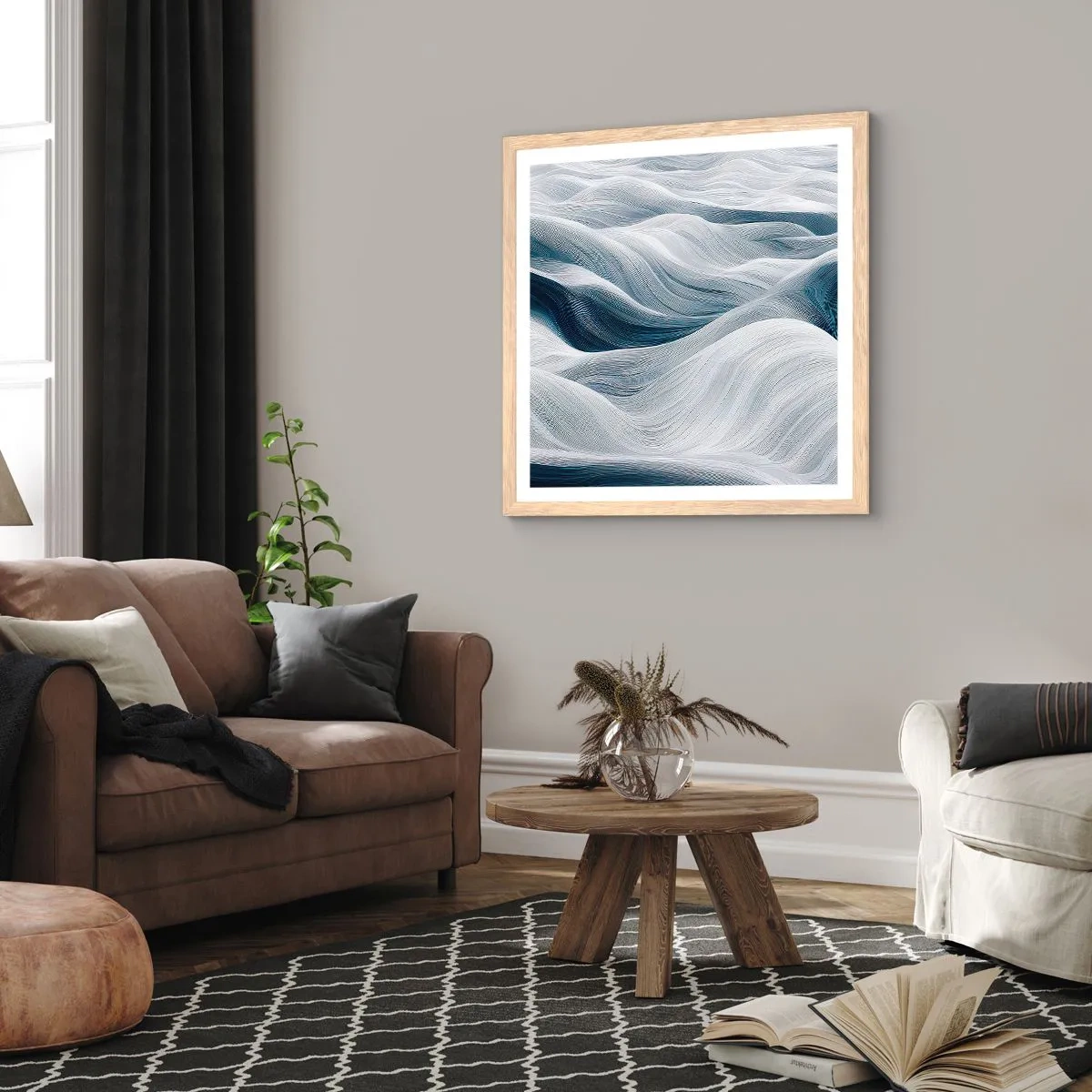 Poster in light oak frame - White and Blue Waves - 50x50 cm