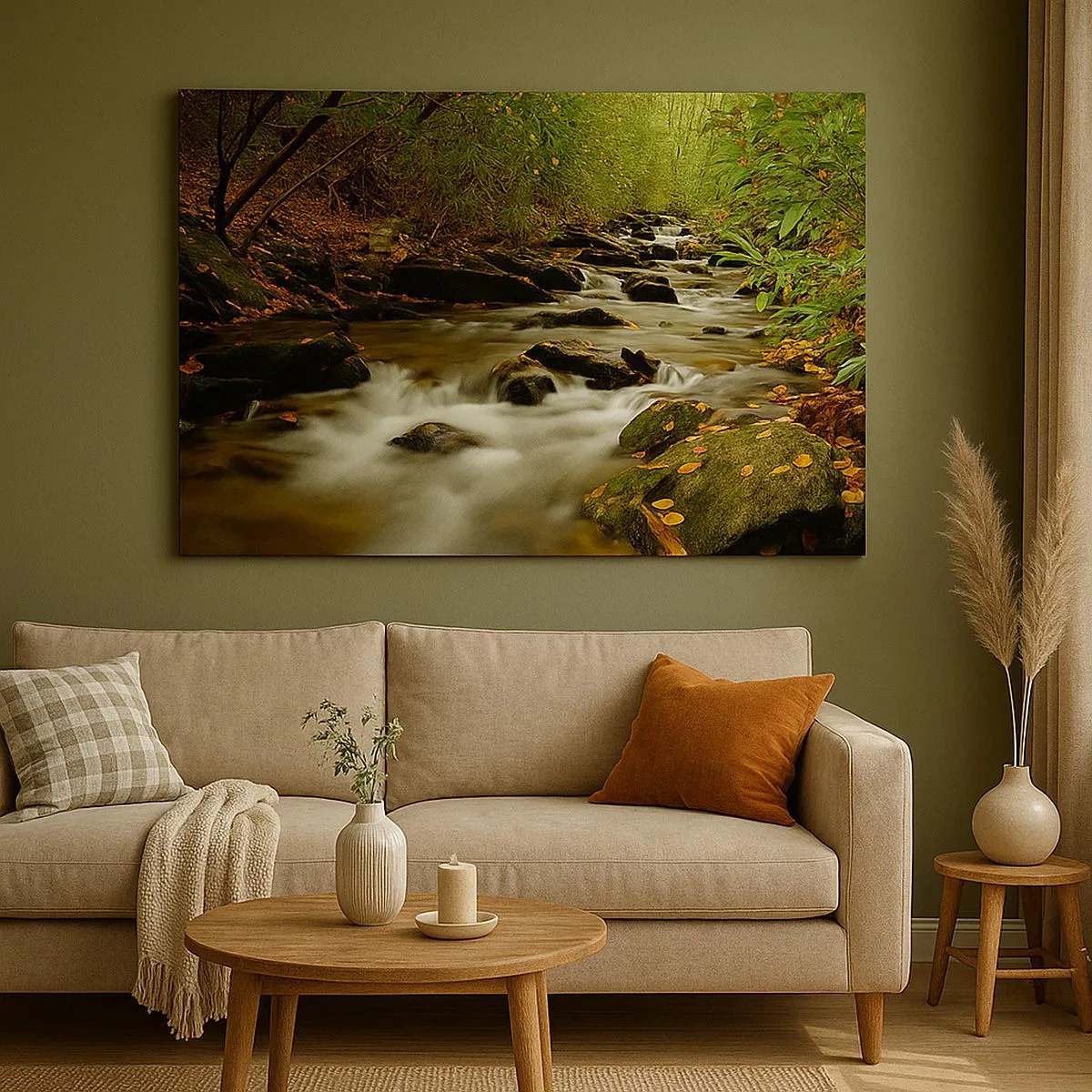 Canvas picture - A forest stream flowing between stones surrounded by greenery - 70x50cm - Like Live Wire - Modern wall decoration for the living room and bedroom ARTTOR