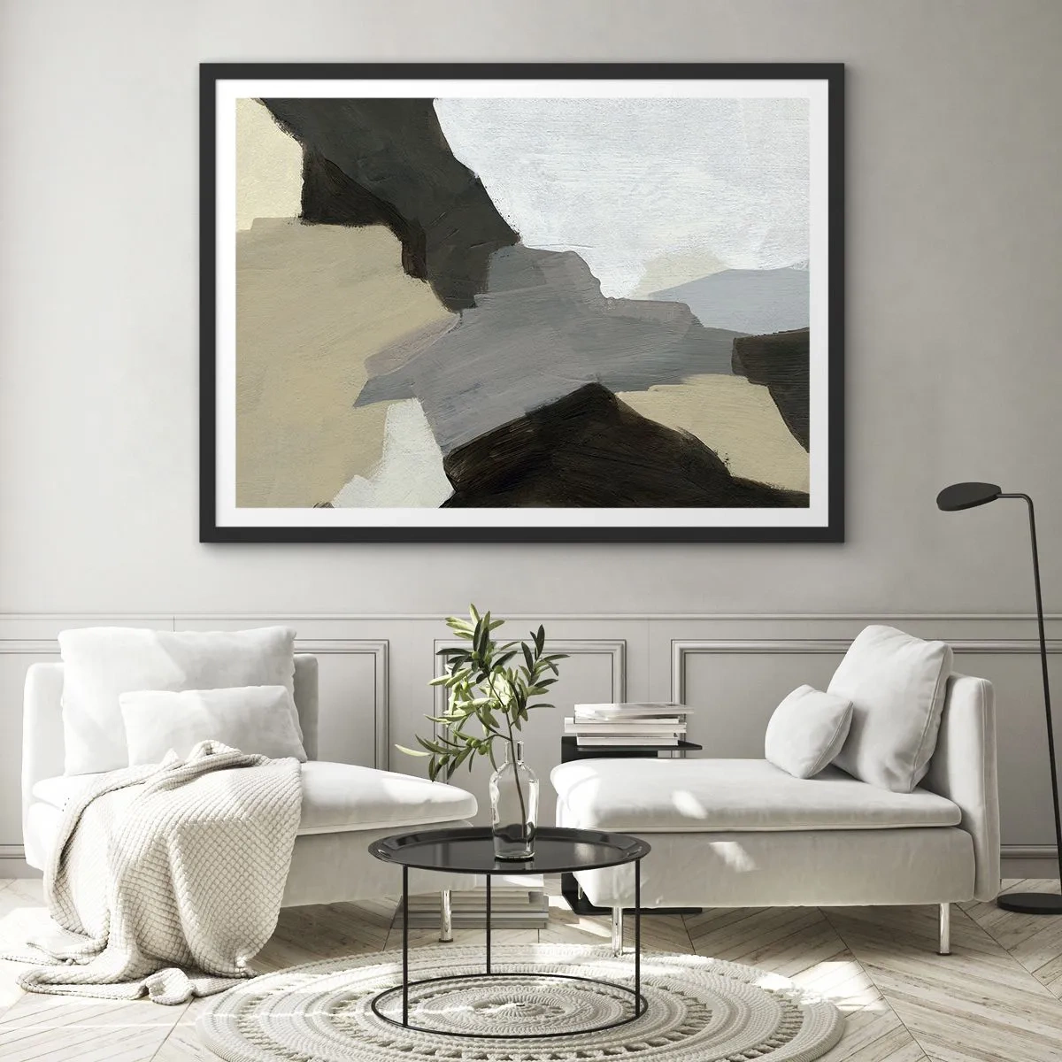 Poster in black frame - Abstract: Crossroads of Grey - 100x70 cm