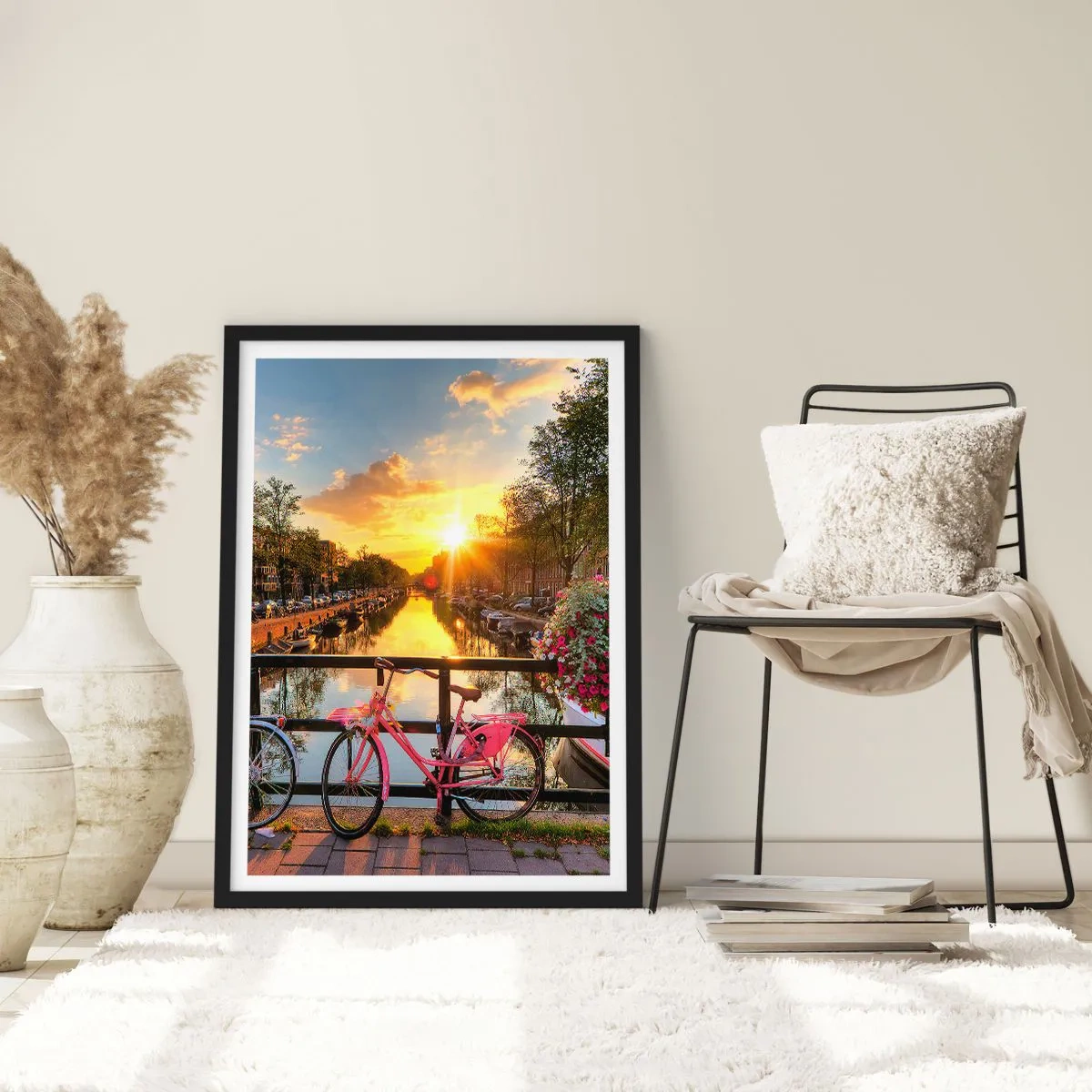 Poster in black frame - A pink bicycle on a bridge over a canal at sunset - 50x70cm - Spring Morning in Amsterdam - Modern wall decoration for the living room and bedroom ARTTOR
