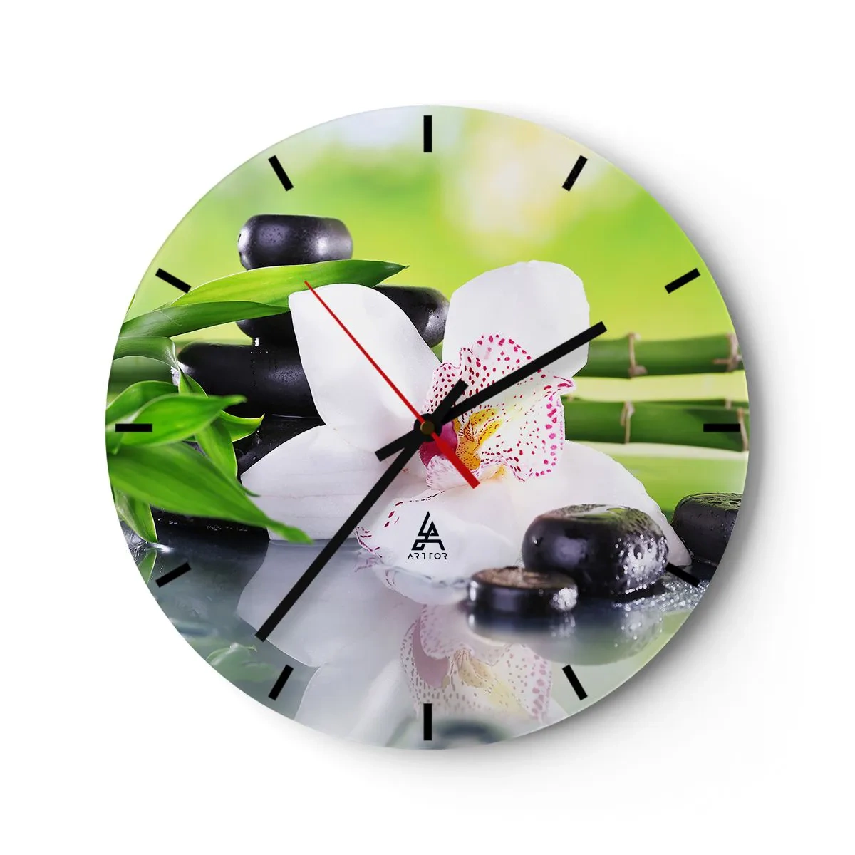 Wall clock - Clock on glass - White orchid with stones and bamboo against a natural background - 30x30cm - Cool Freshness - Modern wall decoration for the living room, kitchen, and bedroom ARTTOR