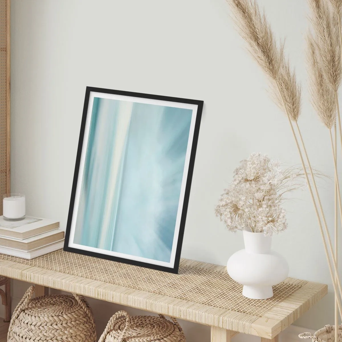 Poster in black frame - Subtle abstraction in shades of blue and white - 50x70cm - Calm up to the Horizon - Modern wall decoration for the living room and bedroom ARTTOR
