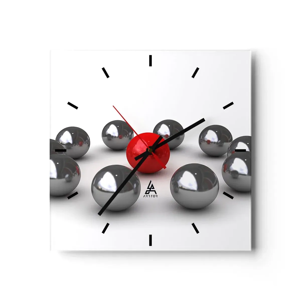 Wall clock - Clock on glass - Circle in Silver and Red - 40x40 cm