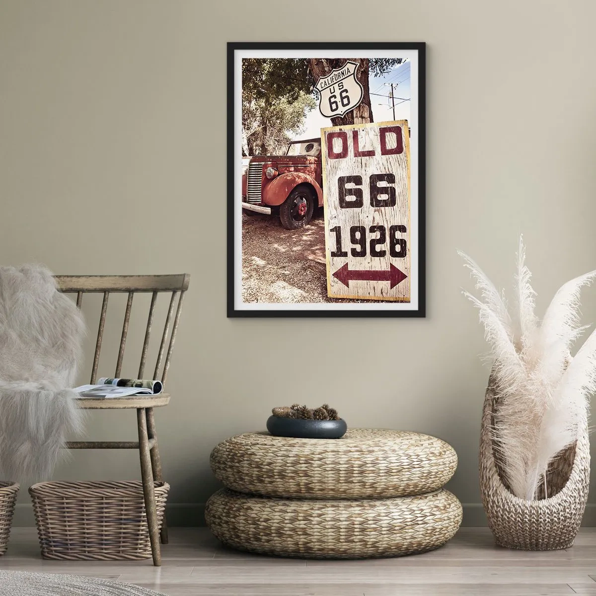 Poster in black frame - Oldtimer at the Route 66 sign - 50x70cm - Legend of an American Province - Modern wall decoration for the living room and bedroom ARTTOR