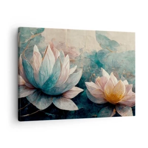 Canvas picture - Subtle water lilies in pastel shades of blue and gold - 70x50cm - Stars of the Lake - Modern wall decoration for the living room and bedroom ARTTOR