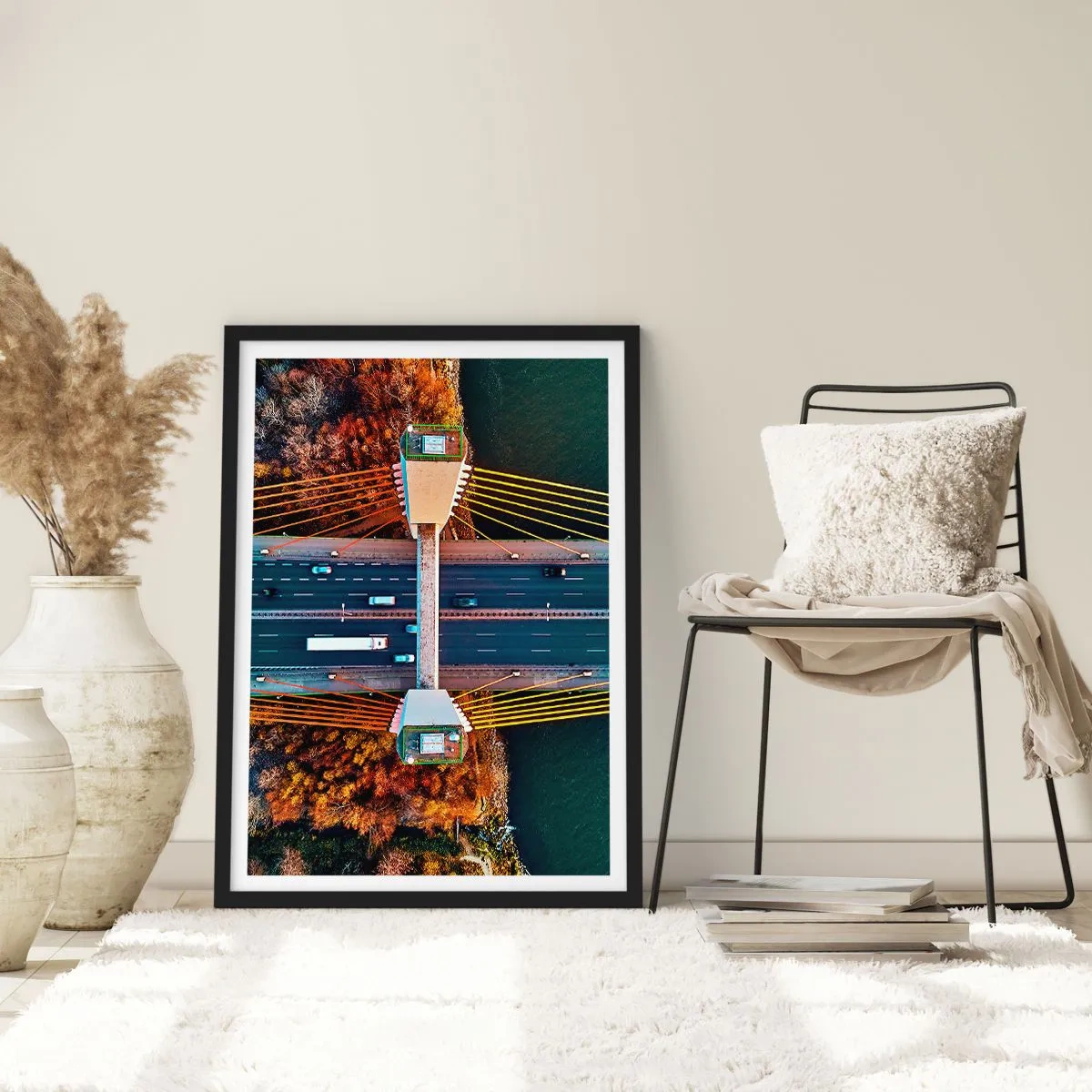 Poster in black frame - Top view of a modern bridge with cars and yellow ropes - 50x70cm - Behind Seas and Oceans - Modern wall decoration for the living room and bedroom ARTTOR