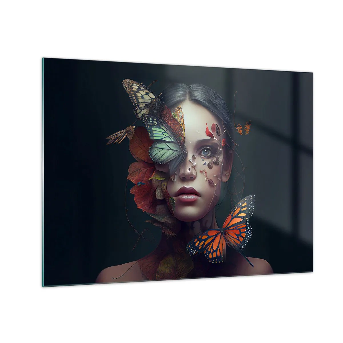 Glass picture - A woman's face with butterflies and leaves in an artistic composition - 70x50cm - Wonderful Metamorphosis - Modern wall decoration for the living room and bedroom ARTTOR