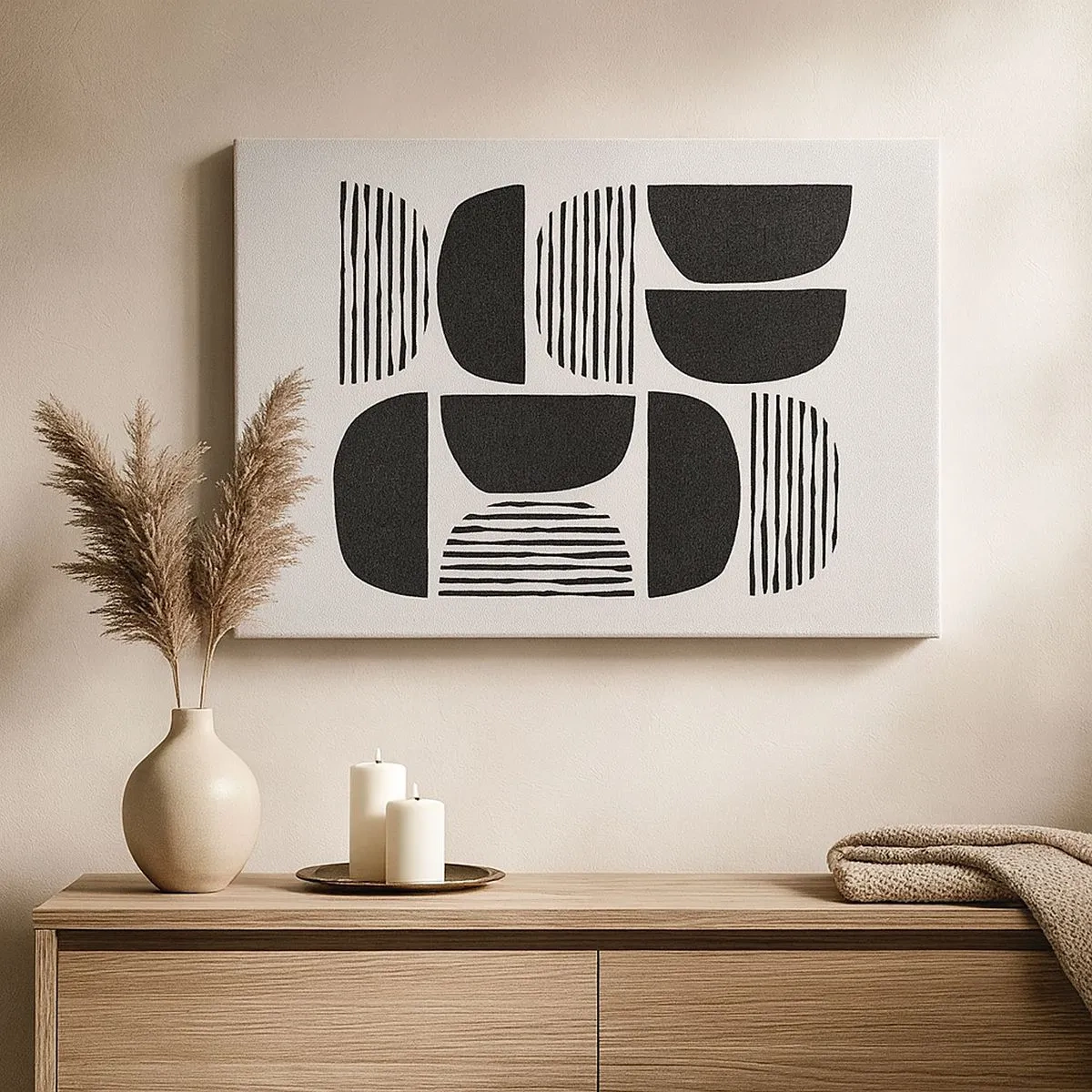 Canvas picture - Geometry with semicircles and lines in black on a light background - 70x50cm - Half-Systems - Modern wall decoration for the living room and bedroom ARTTOR