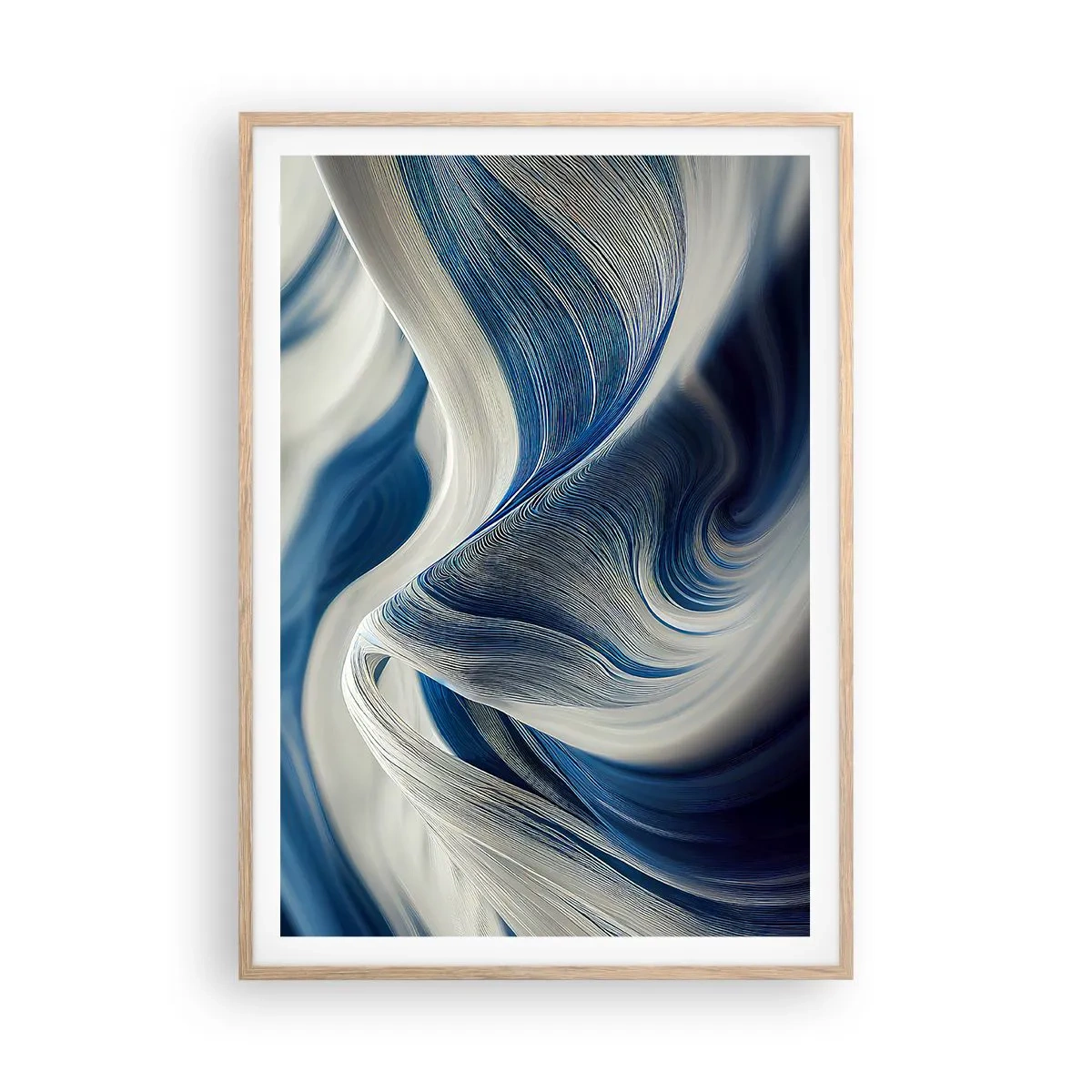 Poster in light oak frame - Fluidity of Blue and White - 70x100 cm