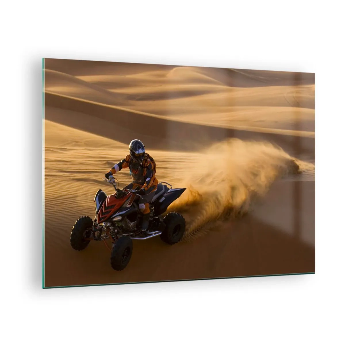 Glass picture - ATV in action in the desert at sunset - 70x50cm - On Sand Waves - Modern wall decoration for the living room and bedroom ARTTOR