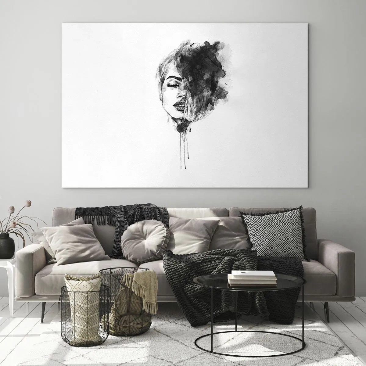 Glass picture - Black and white portrait of a woman with an abstract shadow - 70x50cm - What Does a Girl Dream about? - Modern wall decoration for the living room and bedroom ARTTOR