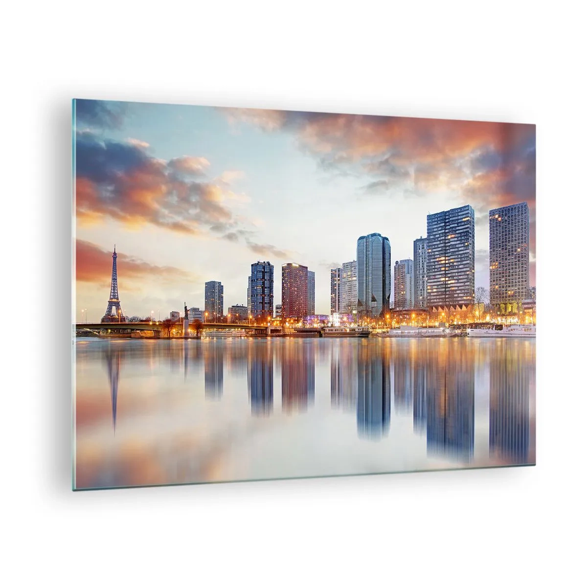 Glass picture - Panorama of Paris with the Eiffel Tower and modern buildings at dusk - 70x50cm - Monumental Peace of Paris - Modern wall decoration for the living room and bedroom ARTTOR