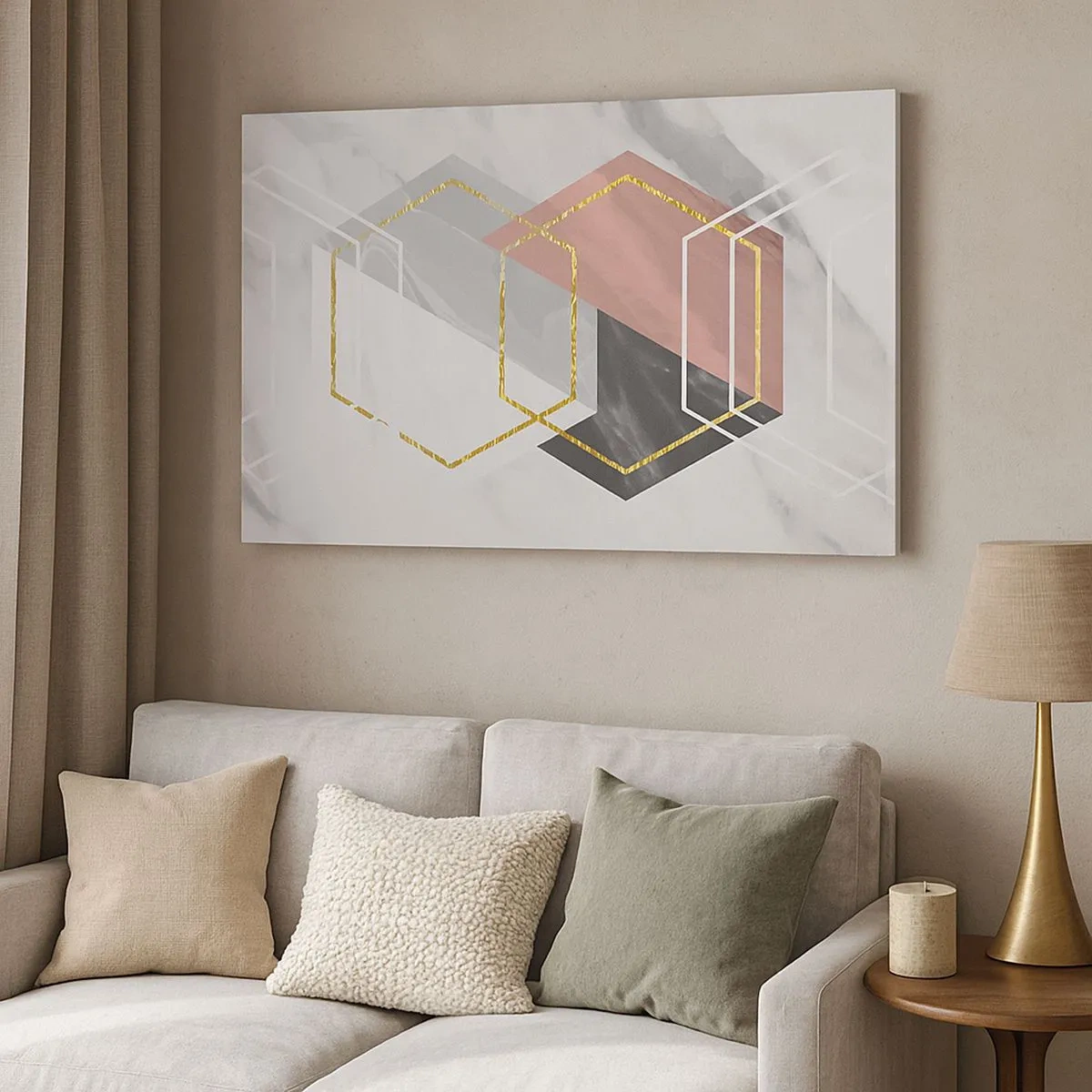 Canvas picture - Geometric figures with gold and marble accents - 70x50cm - Chain Composition - Modern wall decoration for the living room and bedroom ARTTOR