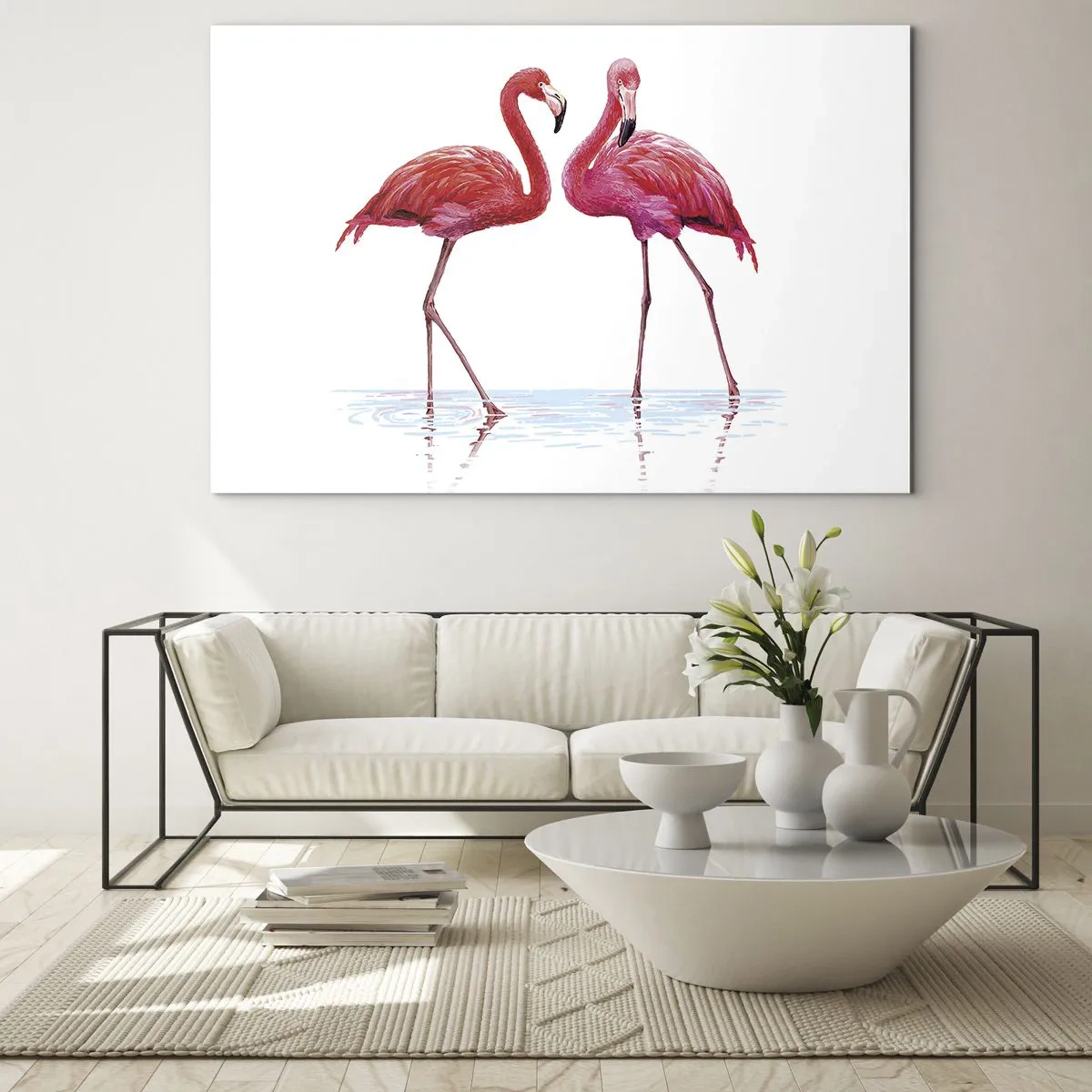 Glass picture - Two pink flamingos standing in the water - 70x50cm - Pink Rendezvous - Modern wall decoration for the living room and bedroom ARTTOR
