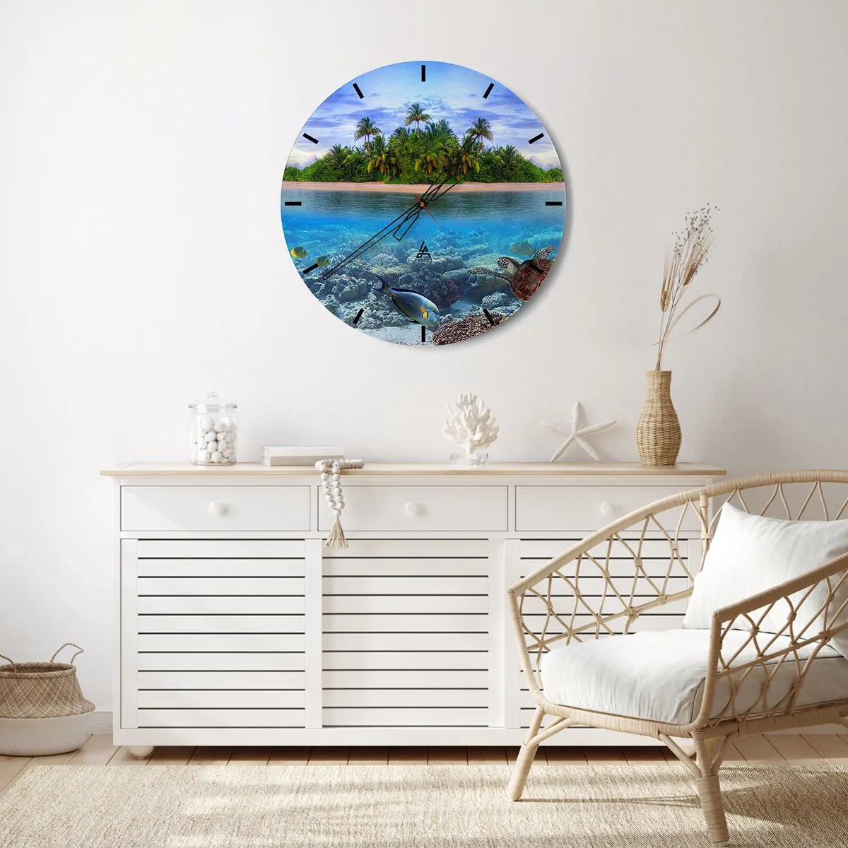 Wall clock - Clock on glass - Heavenly Island Invites You - 40x40 cm