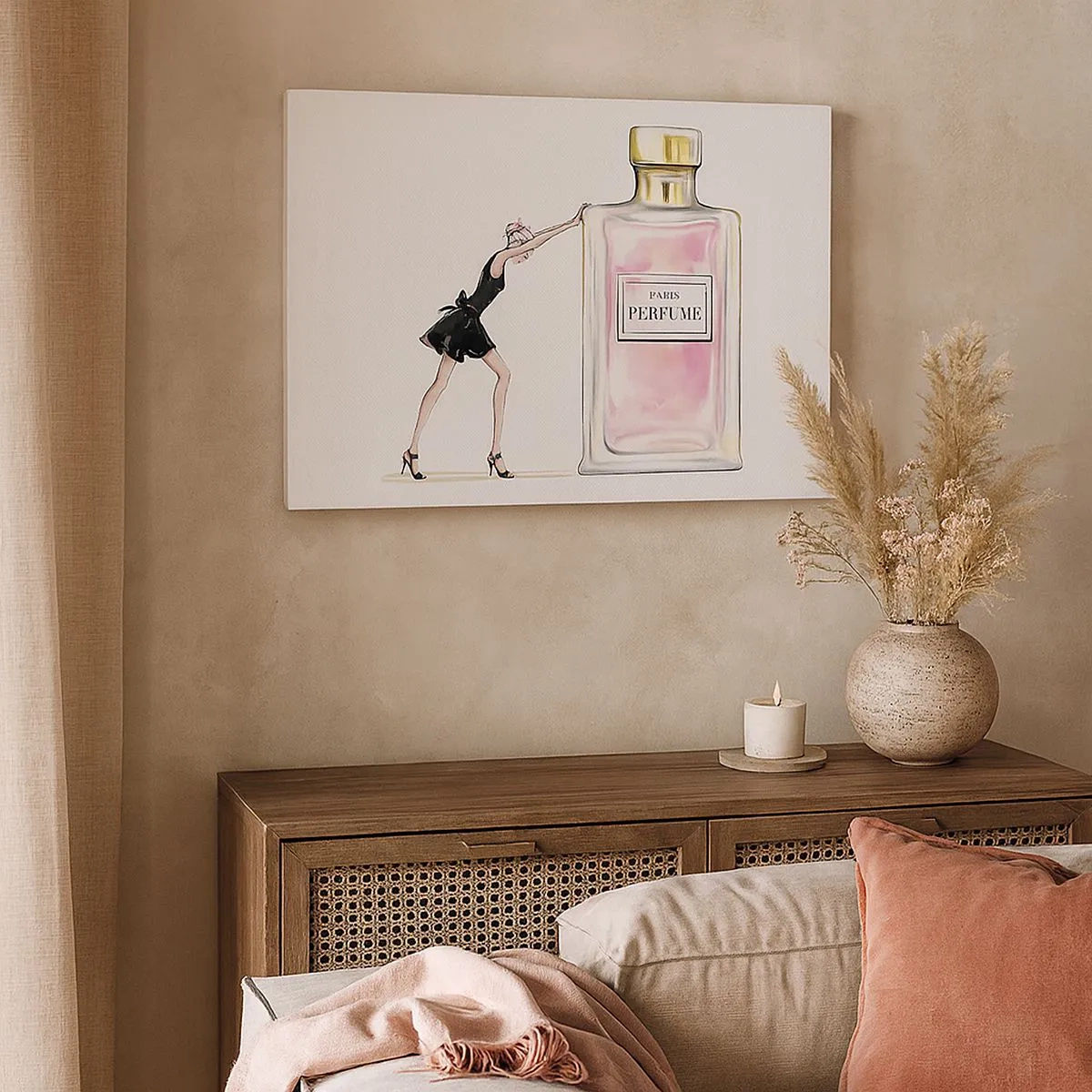 Canvas picture - A woman in a black dress next to a bottle of perfume - 70x50cm - The Essence of Womanhood - Modern wall decoration for the living room and bedroom ARTTOR