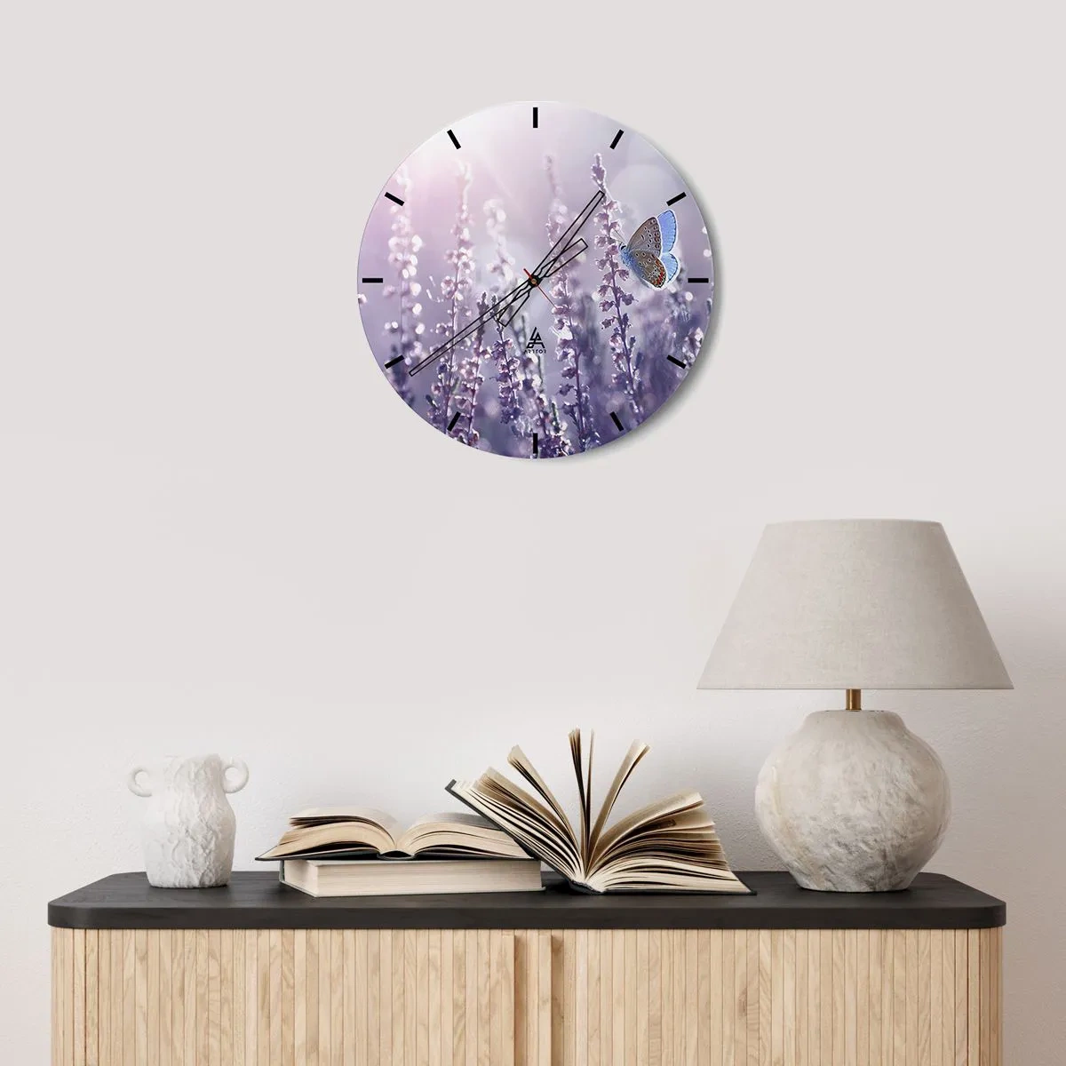 Wall clock - Clock on glass - Butterfly on lavender in the sun's rays - 30x30cm - Kiss of a Butterfly - Modern wall decoration for the living room, kitchen, and bedroom ARTTOR