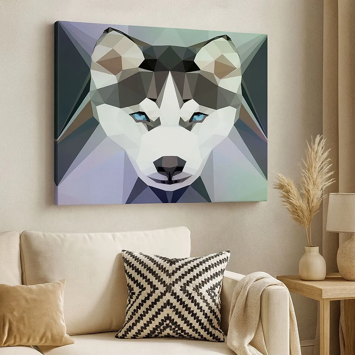 Canvas picture - Geometric wolf with expressive blue eyes - 70x50cm - Memory of Northern Snow - Modern wall decoration for the living room and bedroom ARTTOR
