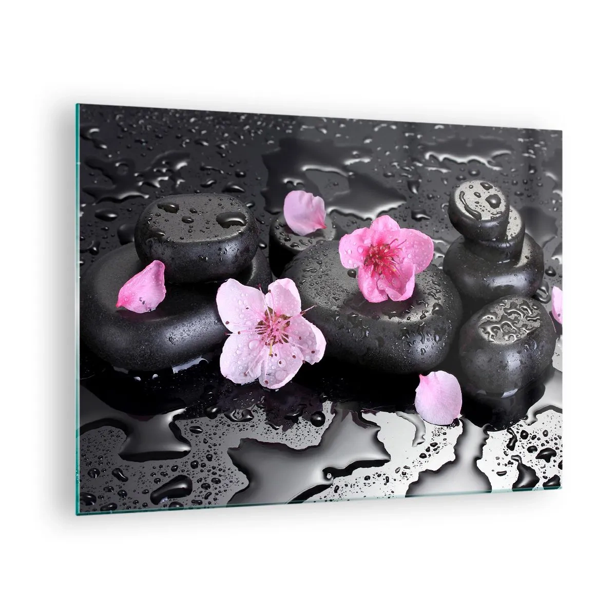 Glass picture - Spa stones with flowers on a wet background - 70x50cm - Black Zen Stones - Modern wall decoration for the living room and bedroom ARTTOR