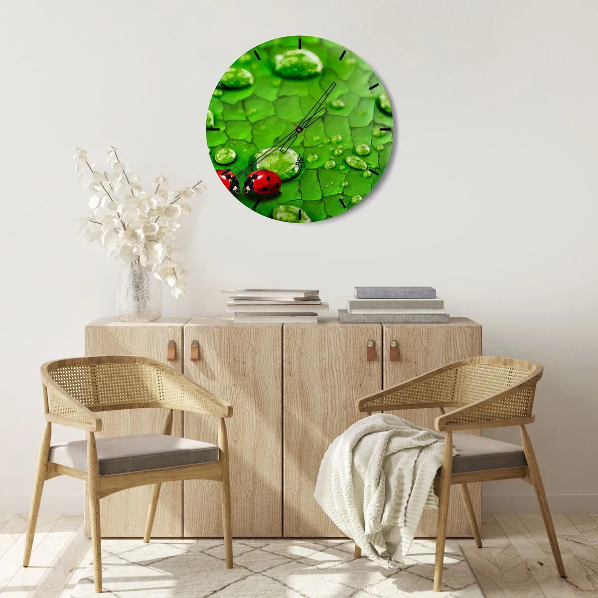 Wall clock - Clock on glass - Ladybugs on a leaf with water drops - 30x30cm - Encounter in Green - Modern wall decoration for the living room, kitchen, and bedroom ARTTOR