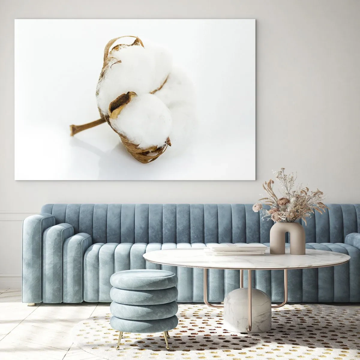 Glass picture - A single fluffy cotton flower on a white background - 70x50cm - Soft By Nature - Modern wall decoration for the living room and bedroom ARTTOR