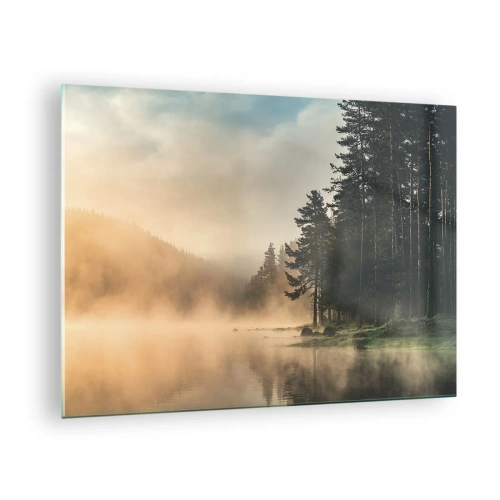 Glass picture - A foggy morning over a forest lake - 70x50cm - Birth of a Day - Modern wall decoration for the living room and bedroom ARTTOR