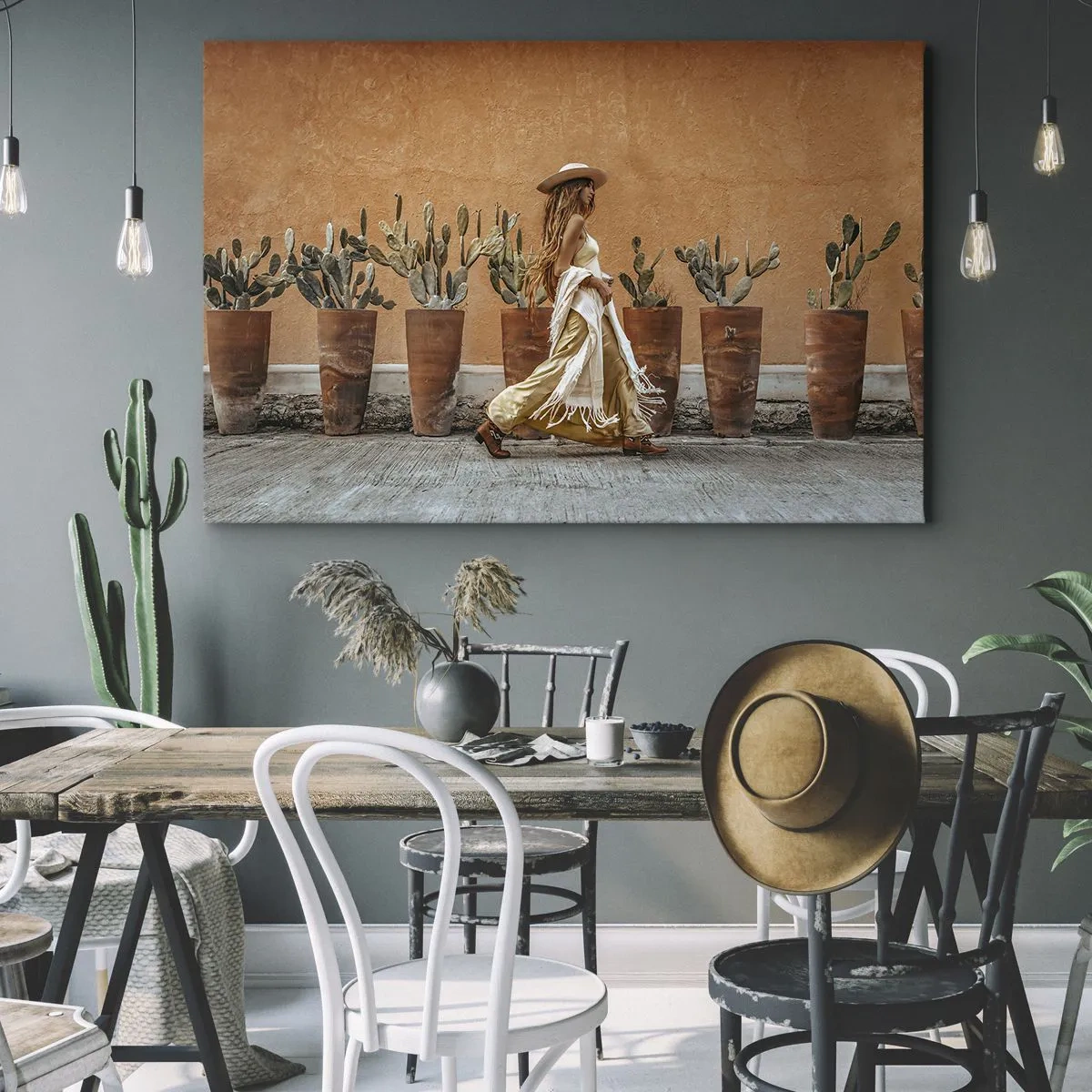 Canvas picture - A woman in boho style with pots of cacti in the background. - 70x50cm - Hippie Style - Modern wall decoration for the living room and bedroom ARTTOR