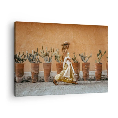 Canvas picture - A woman in boho style with pots of cacti in the background. - 70x50cm - Hippie Style - Modern wall decoration for the living room and bedroom ARTTOR