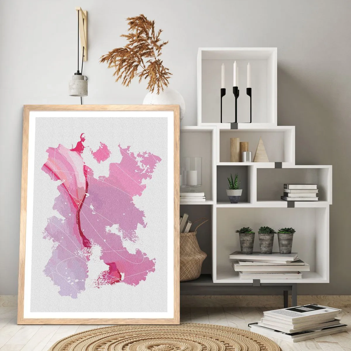 Poster in light oak frame - Map of a Pink World - 70x100 cm