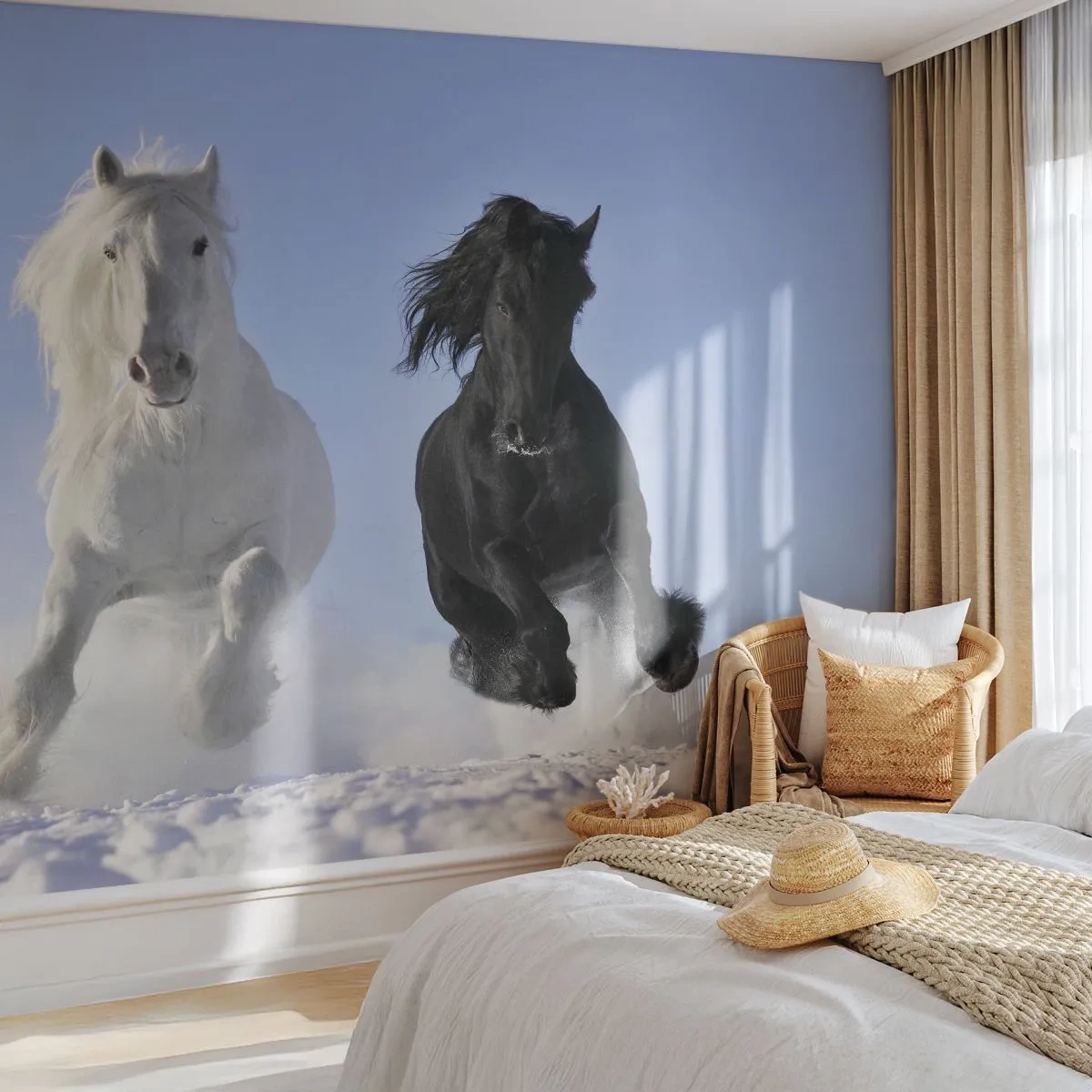 Self-Adhesive Photo Wallpaper Deluxe Sticker - Black and White Gallop - Animals, Horse, Winter - 250x175 cm
