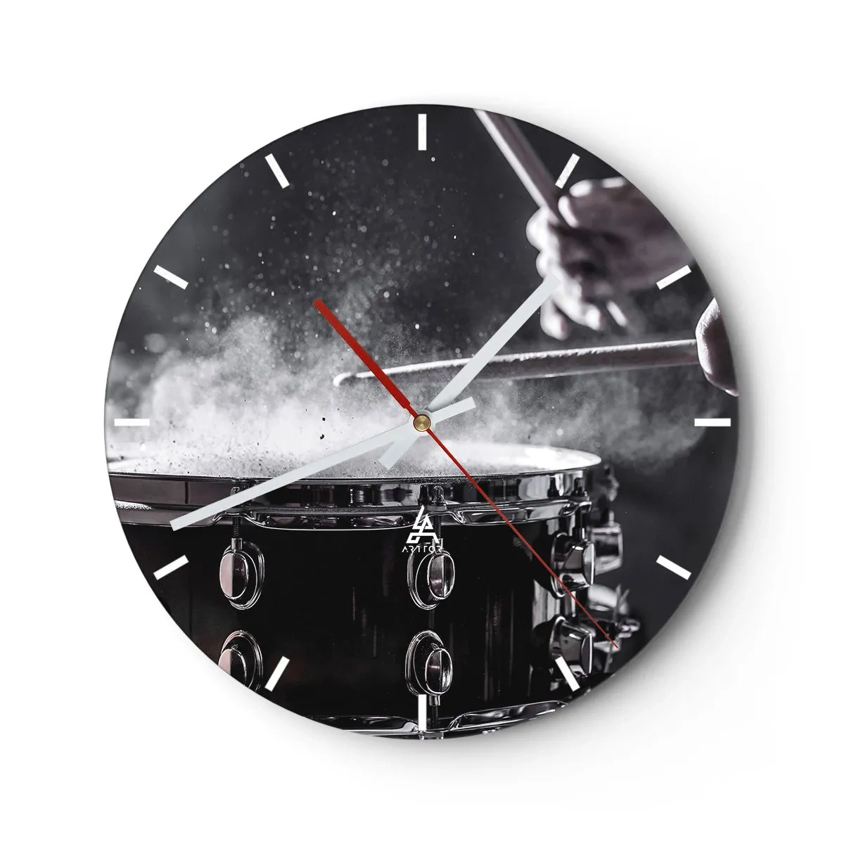 Wall clock - Clock on glass - Drums in action, with dust flying as they hit - 30x30cm - Pulse of Music - Modern wall decoration for the living room, kitchen, and bedroom ARTTOR