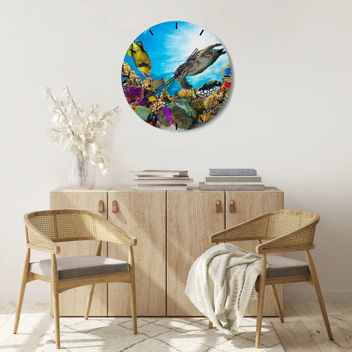 Wall clock - Clock on glass - Underwater world with coral reef, fish and sea turtle - 30x30cm - Coral Promenade - Modern wall decoration for the living room, kitchen, and bedroom ARTTOR